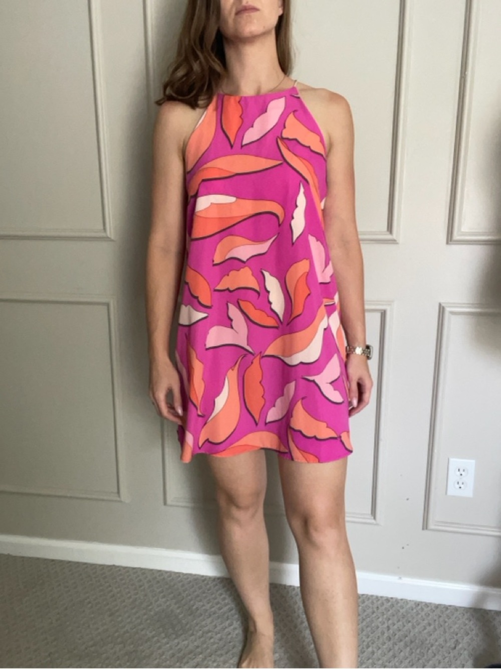 Sleeveless Bright Pink Halter Mini Dress with Orange & Light Pink Print